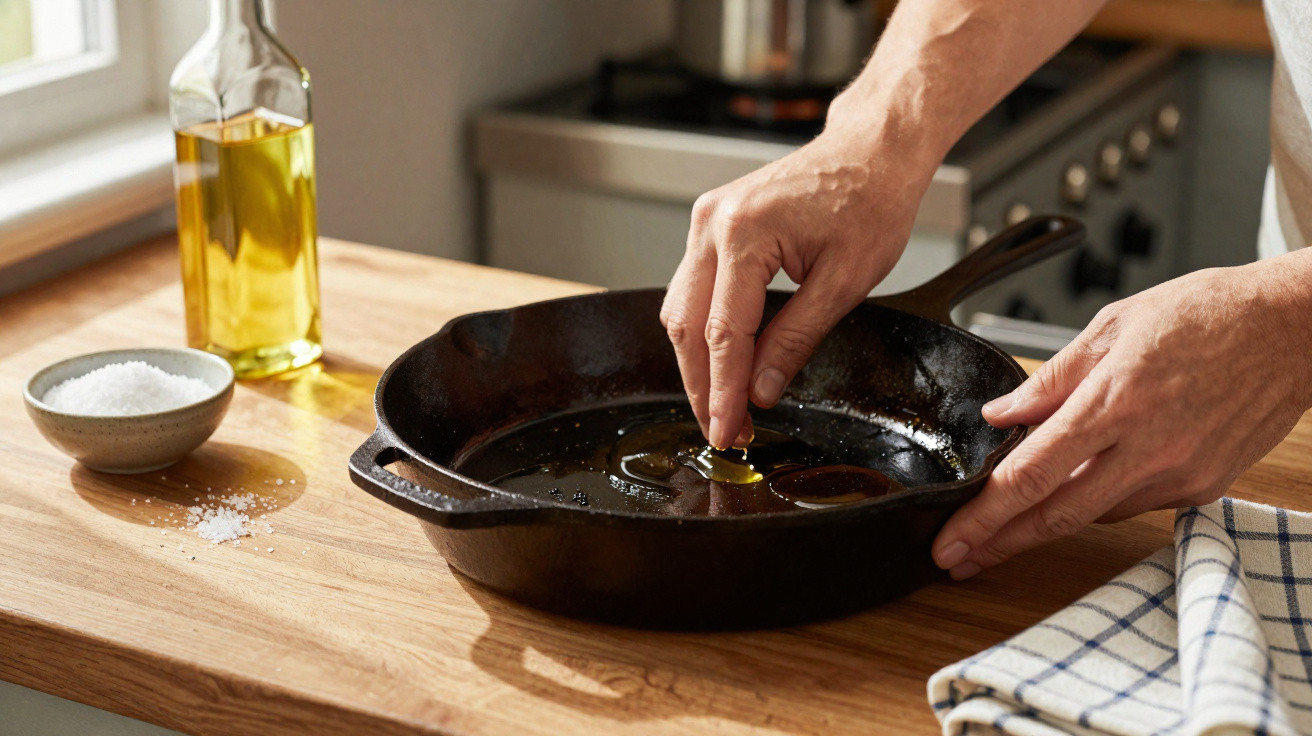 Pessoa a untar frigideira de ferro com azeite numa cozinha, com garrafa de azeite e sal na bancada.