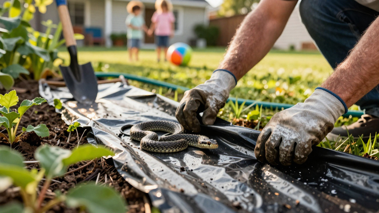 Pessoa com luvas a retirar uma cobra de uma área de jardim com plantas e crianças ao fundo.