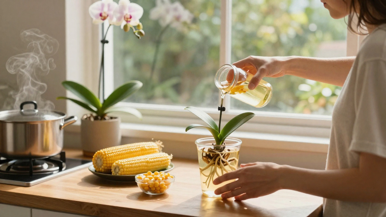 Pessoa a regar uma orquídea num copo de plástico junto a janela com milho e panela a cozinhar no fogão.