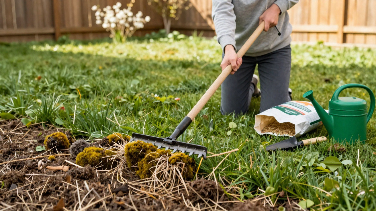 Pessoa a usar um ancinho para limpar musgo e folhas secas num jardim com regador e saco de adubo ao lado.
