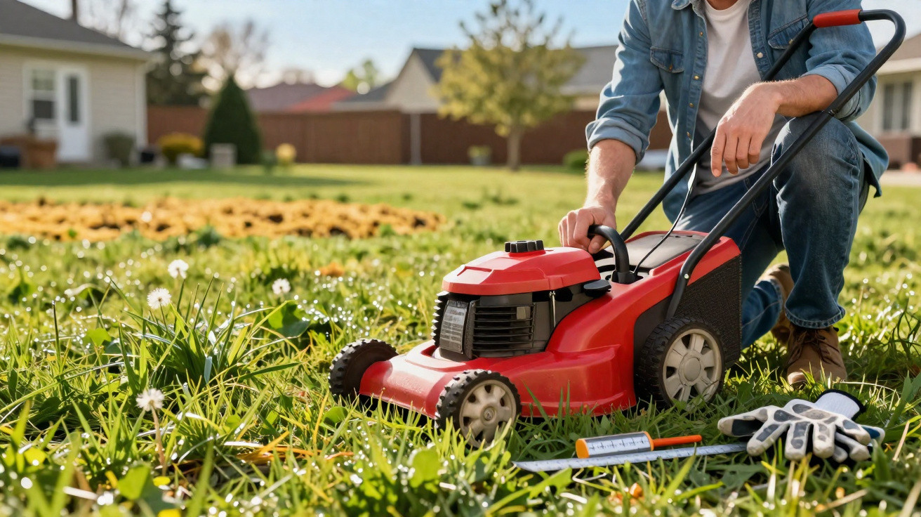 Pessoa a preparar cortador de relva vermelho num jardim com relva alta e luvas no chão.
