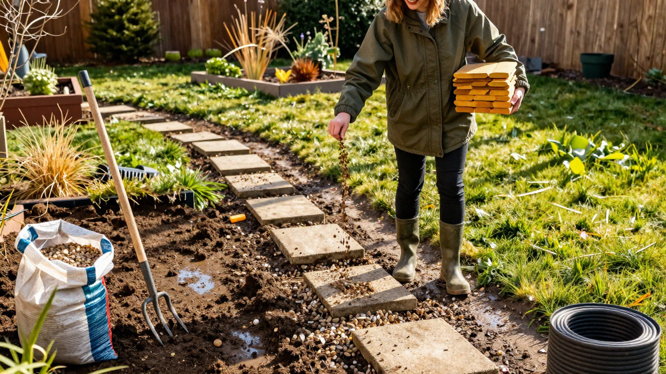 Pessoa a colocar cascalho em caminho de jardim com placas de pedra, rodeado por relva e plantas.
