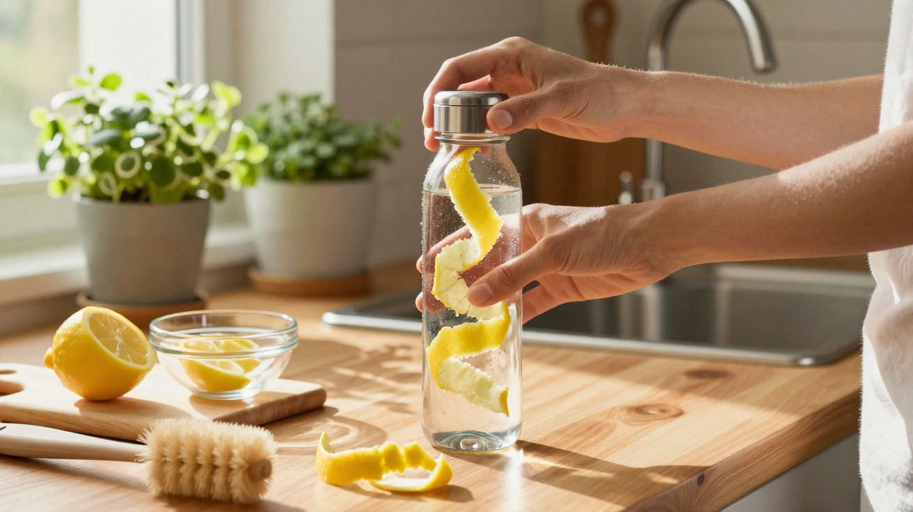 Pessoa a fechar garrafa de vidro com casca de limão e água para infusão na cozinha.