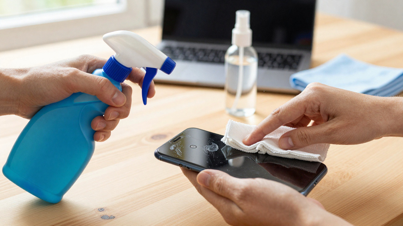 Pessoa a limpar e desinfetar um smartphone com pano e spray de limpeza numa mesa de madeira.