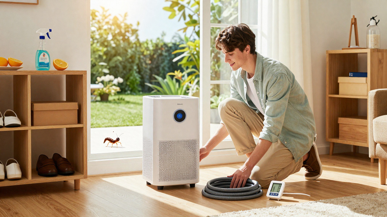 Homem a instalar purificador de ar numa sala com luz natural e vista para jardim.
