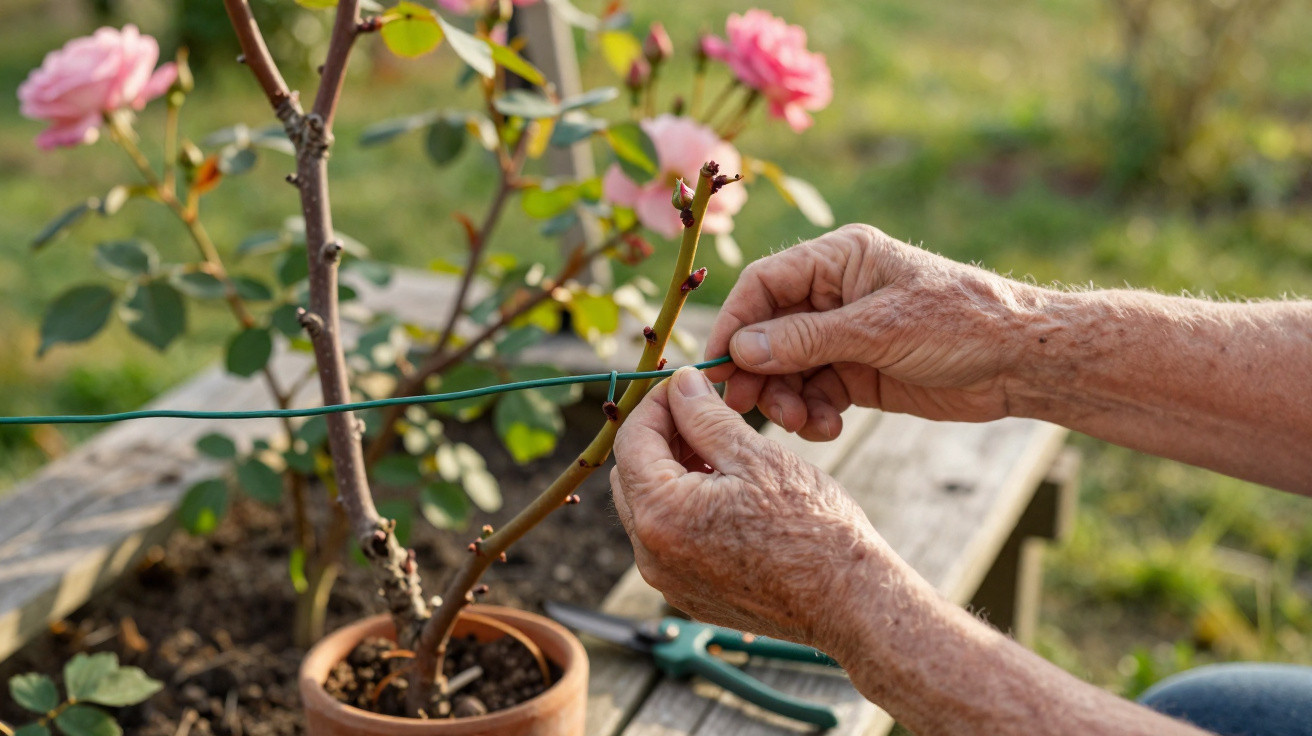 Mãos de pessoa idosa a prender um ramo de rosa com um fio verde num vaso de barro num jardim.