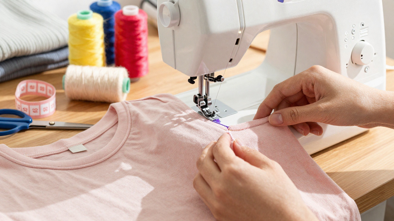 Pessoa a coser uma camisola rosa numa máquina de costura com linhas coloridas e acessórios ao fundo.