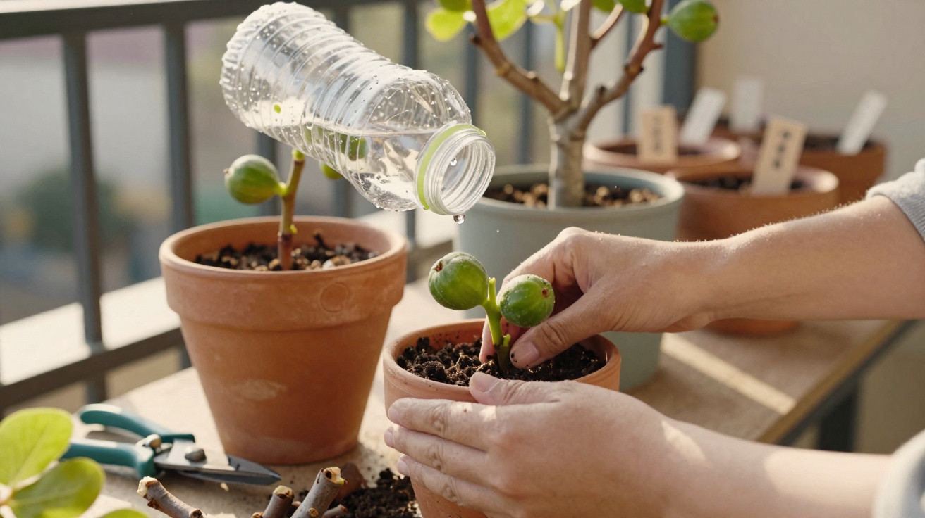 Mãos a cuidar de planta em vaso com rega a partir de garrafa plástica num espaço junto a uma varanda.