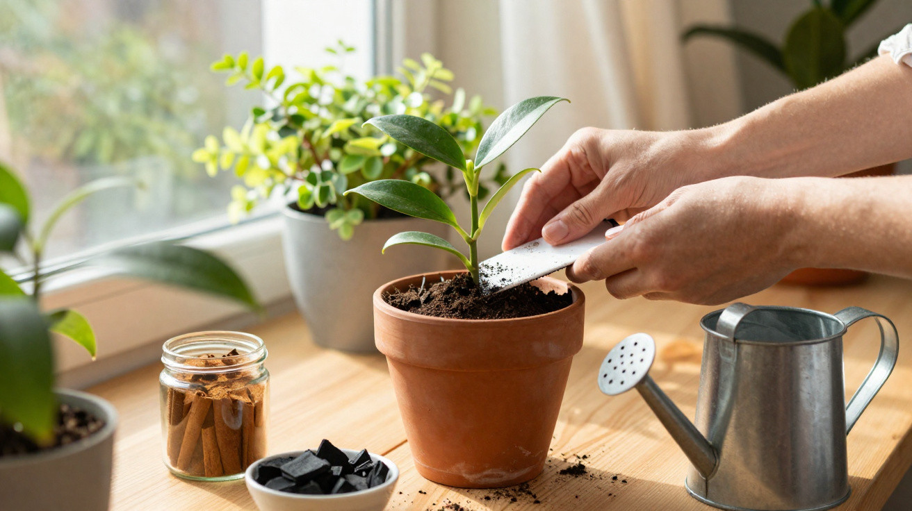 Mãos a plantar uma nova planta em vaso de barro, com regador e plantas junto a uma janela iluminada.