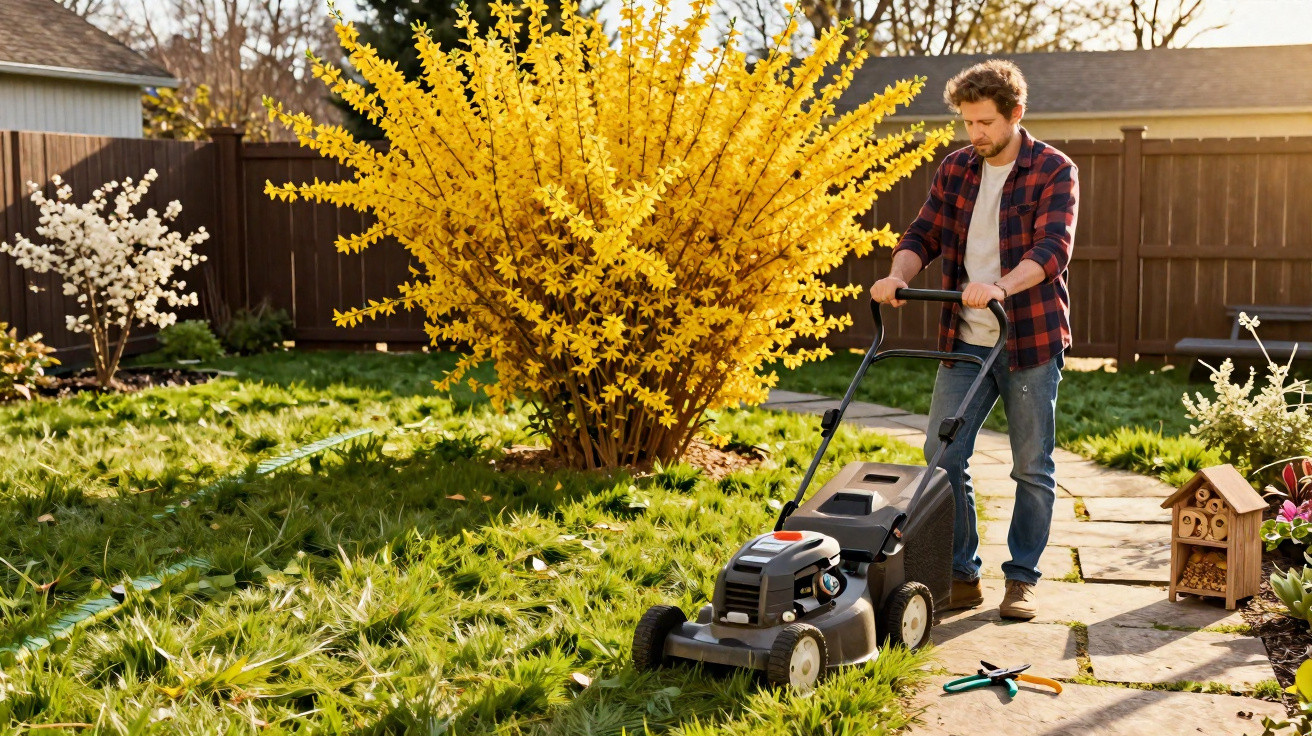 Homem a cortar relva num jardim com arbustos floridos amarelos e brancos, no final da tarde.