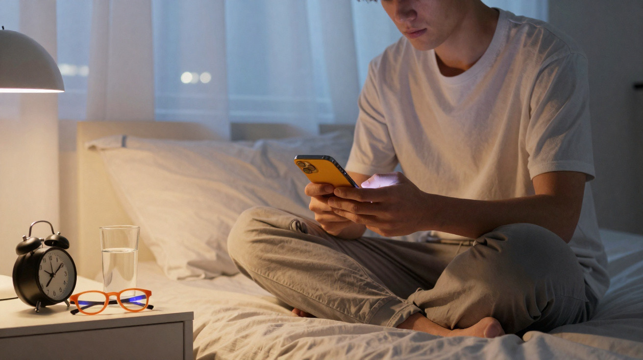 Jovem sentado na cama à noite a usar telemóvel, com despertador, óculos e copo de água na mesa de cabeceira.