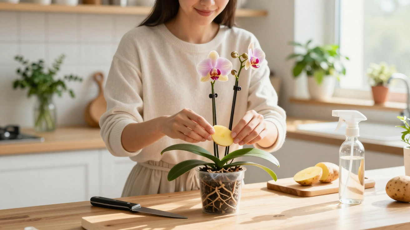 Mulher a cuidar de orquídea, colocando fatias de batata junto às raízes numa cozinha iluminada.
