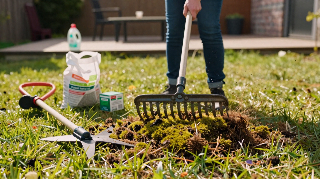 Pessoa a usar um ancinho para limpar musgo do relvado num jardim com ferramentas e fertilizantes ao lado.