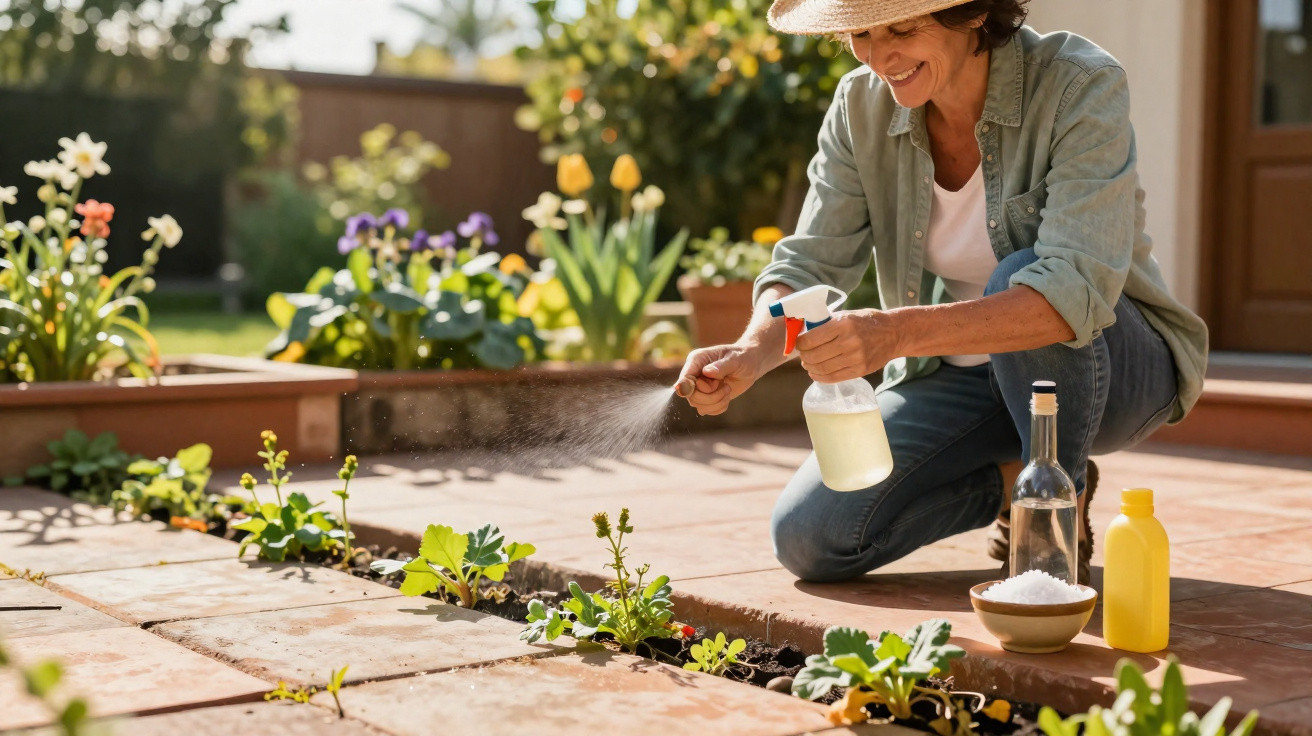 Mulher a pulverizar plantas numa horta caseira ao ar livre num dia ensolarado.