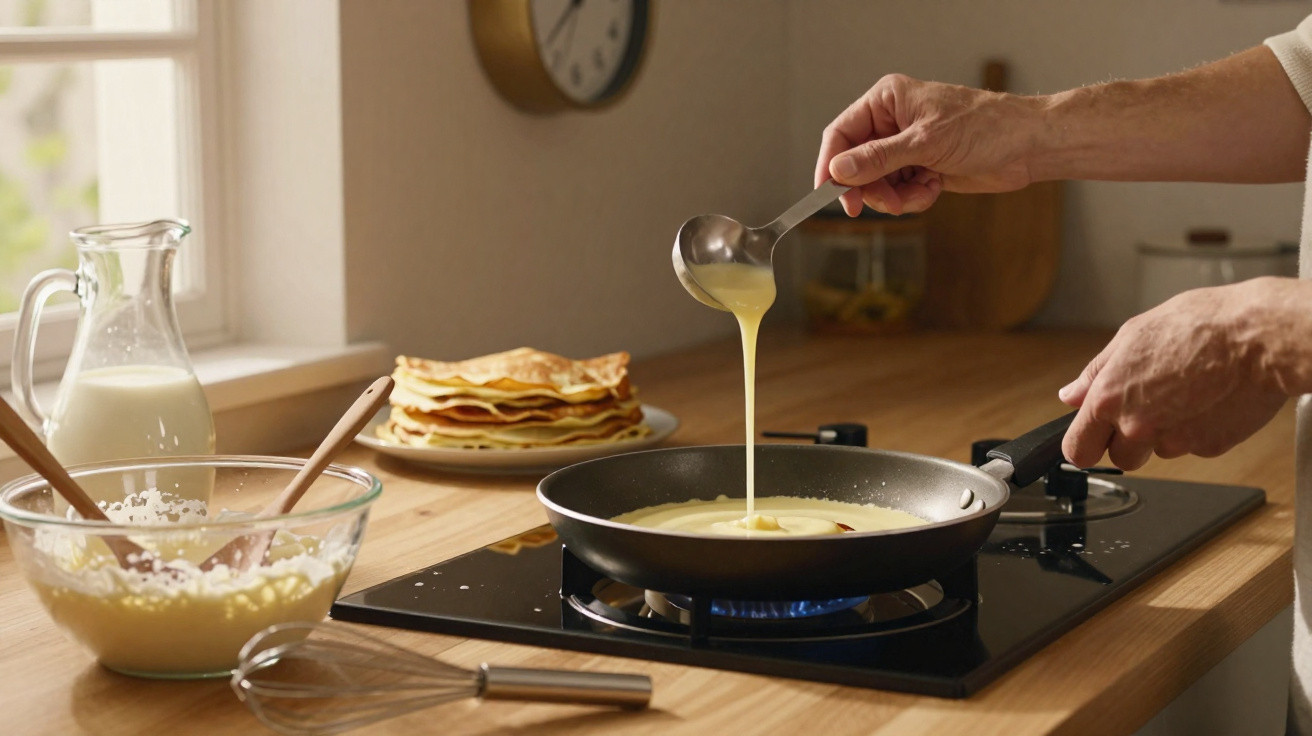 Mãos a verter massa de panquecas numa frigideira sobre placa de fogão com pilha de panquecas e ingredientes na bancada.