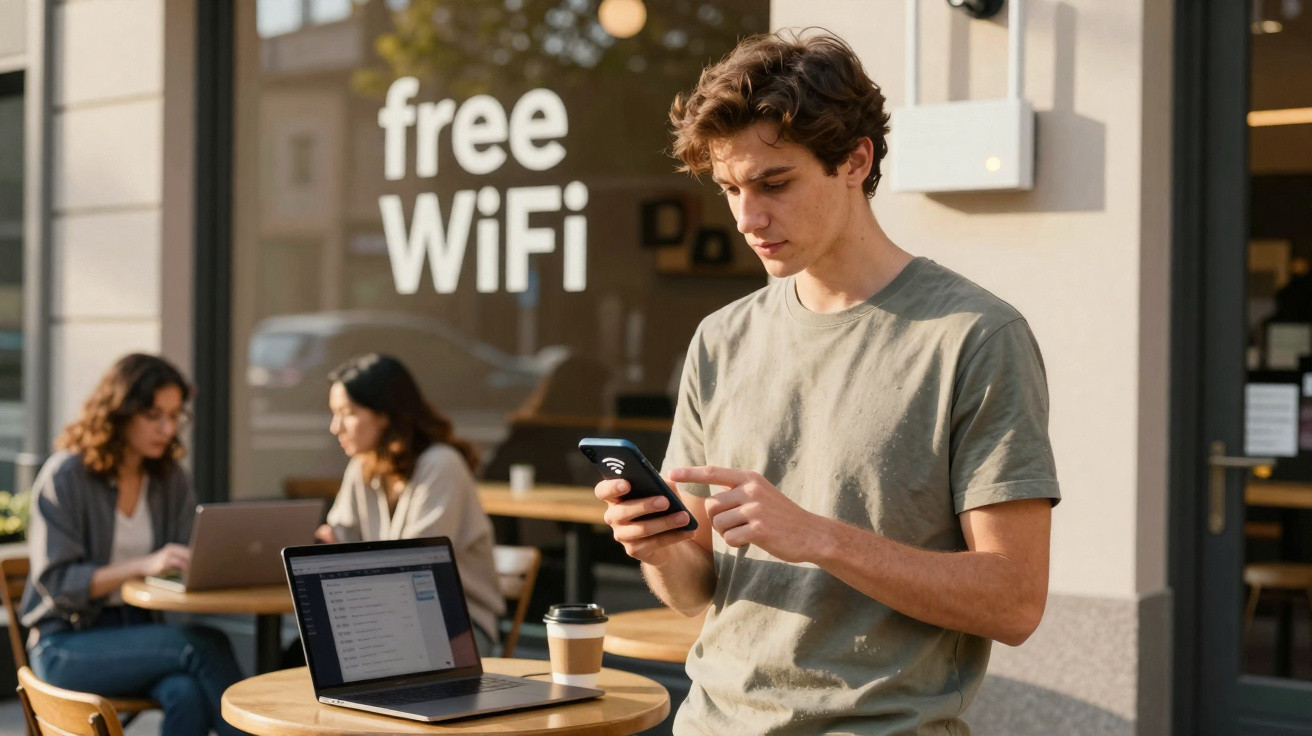 Jovem usando telemóvel junto a mesa com portátil e café num café com sinal "free WiFi" na janela.