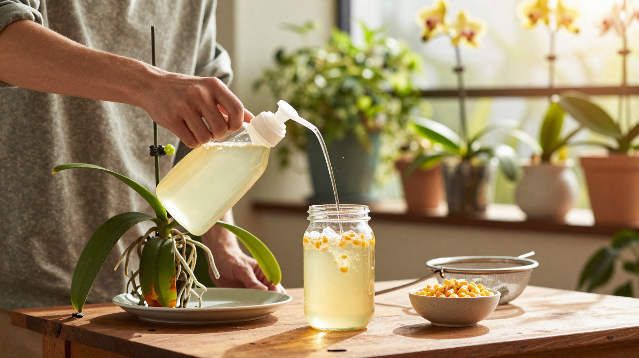 Pessoa a preparar bebida natural com milho e ingredientes frescos ao lado de planta num ambiente iluminado.