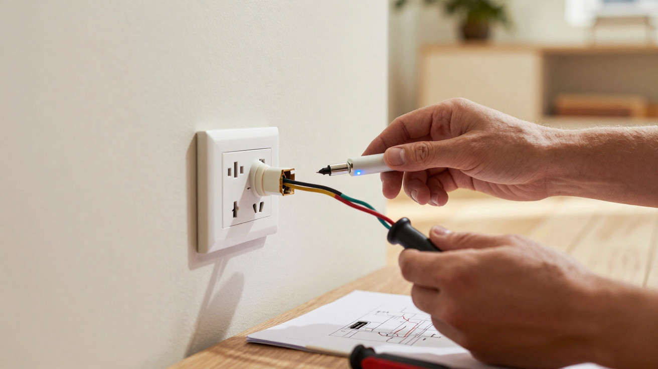 Pessoa a testar uma tomada elétrica na parede com ferramenta e esquema elétrico sobre a mesa.