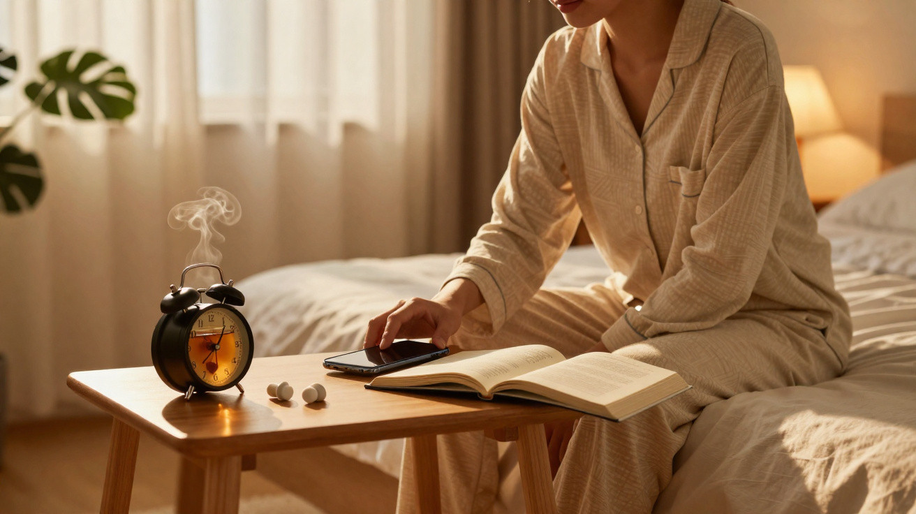 Pessoa em pijama sentada na cama, a desligar um despertador fumegante, com livro e auriculares na mesa.