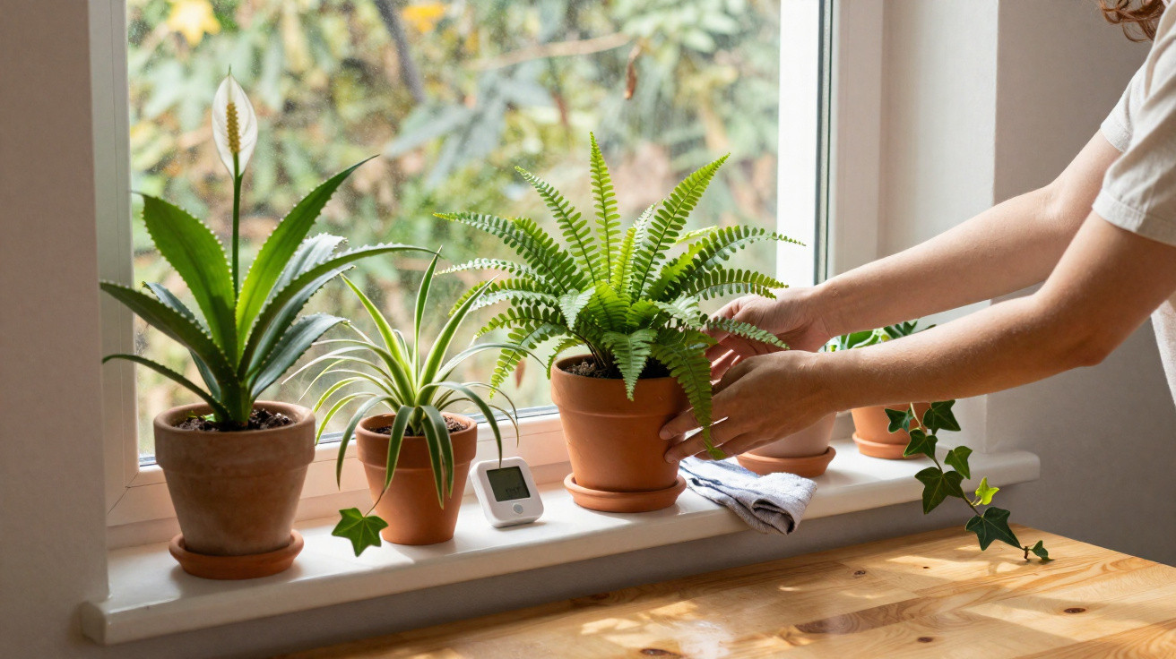 Pessoa a arrumar plantas em vasos de barro numa janela com luz natural intensa.