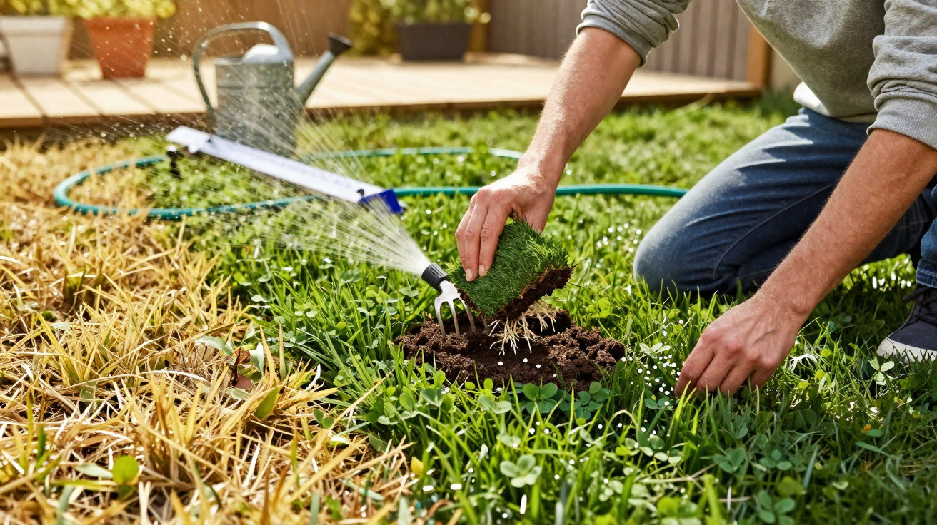 Pessoa a plantar relva num jardim, regando com aspersor e dispersando fertilizante no solo.