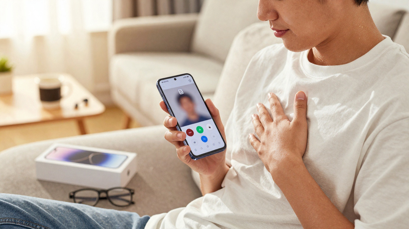 Pessoa a fazer chamada de vídeo num smartphone sentado no sofá, com caixa do telemóvel e óculos ao lado.