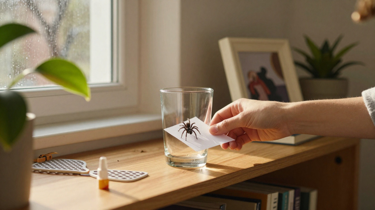 Mão a colocar carta com desenho de aranha dentro de copo em mesa junto a janela com plantas e livros.