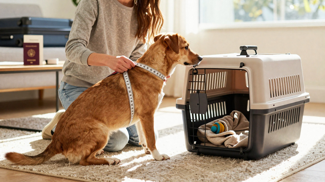Pessoa a medir um cão castanho com fita métrica, ao lado de uma transportadora para animais.
