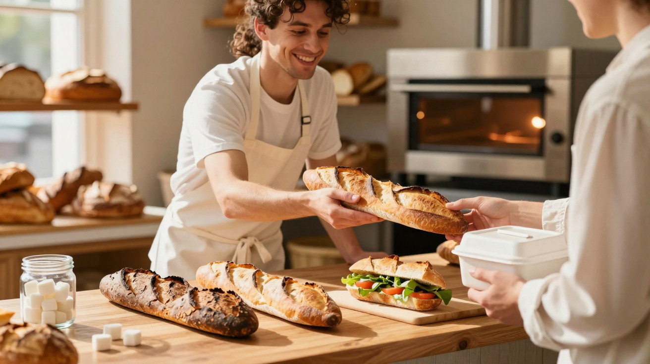 Funcionário de padaria sorridente entrega baguete a cliente num balcão com vários pães e sanduíche.