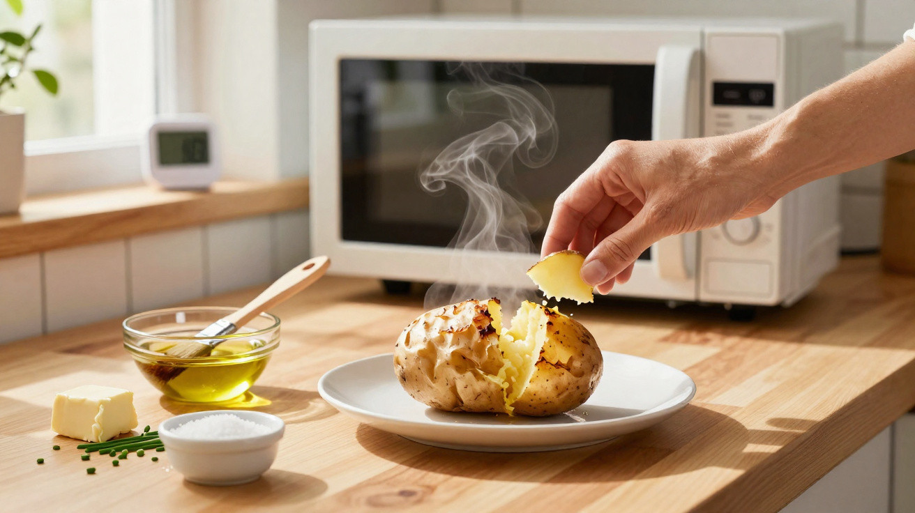 Batata cozida quente numa bancada de cozinha, com manteiga a ser colocada e micro-ondas ao fundo.