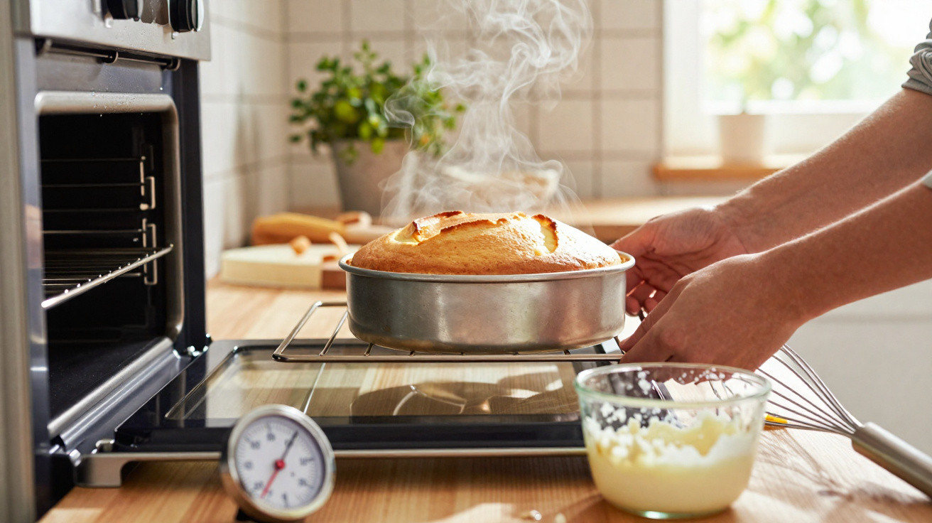 Pessoa a retirar bolo quente e fumegante do forno numa cozinha iluminada.