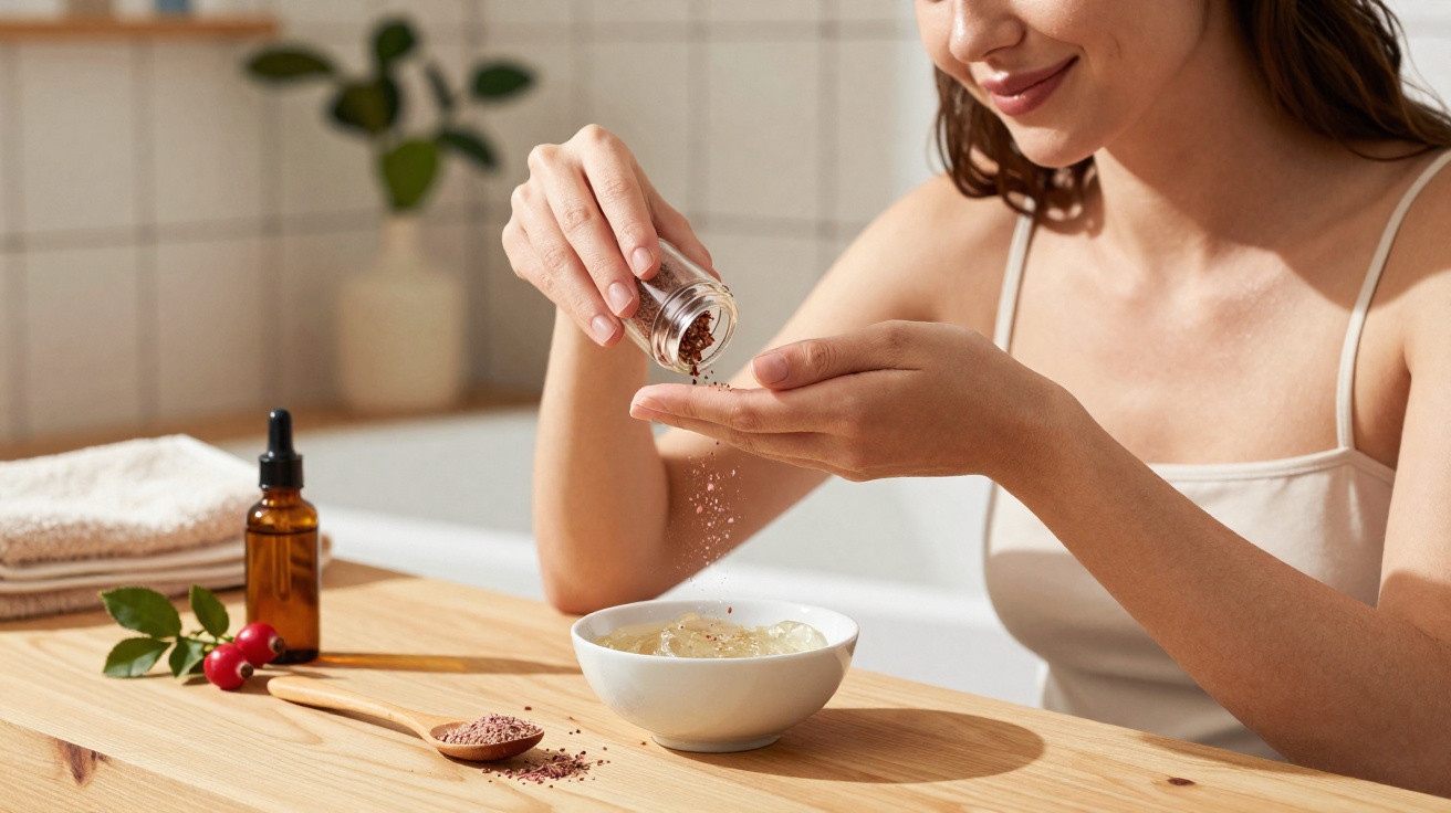 Mulher a despejar especiarias num tabuleiro, com ingredientes naturais e toalhas sobre mesa de madeira.