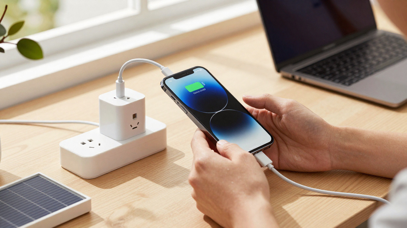 Pessoa a carregar um smartphone com cabo ligado a uma tomada numa mesa junto a um computador portátil.
