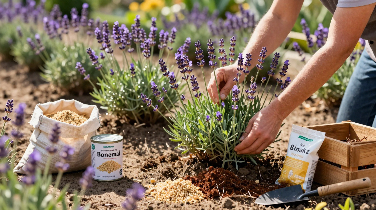 Pessoa a cuidar de planta de lavanda num jardim, com adubo e ferramentas de jardinagem ao lado.