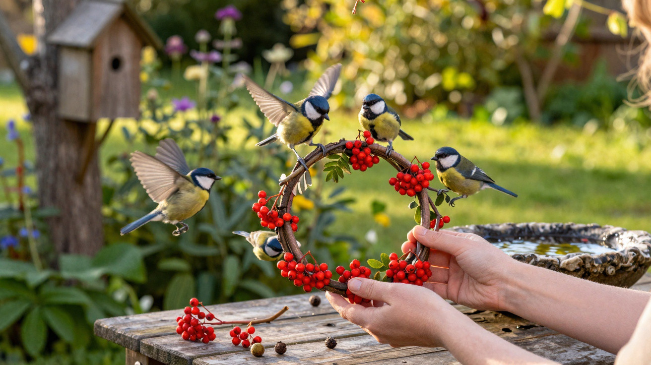 Pássaros alimentando-se de bagas vermelhas numa coroa natural segurada por mãos sobre mesa rústica num jardim.