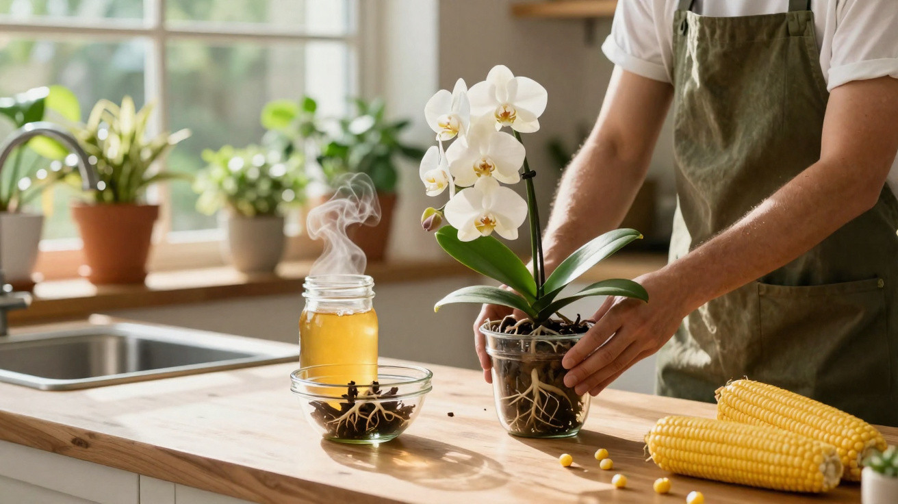 Pessoa a transplantar orquídea branca para vaso transparente numa cozinha com luz natural.