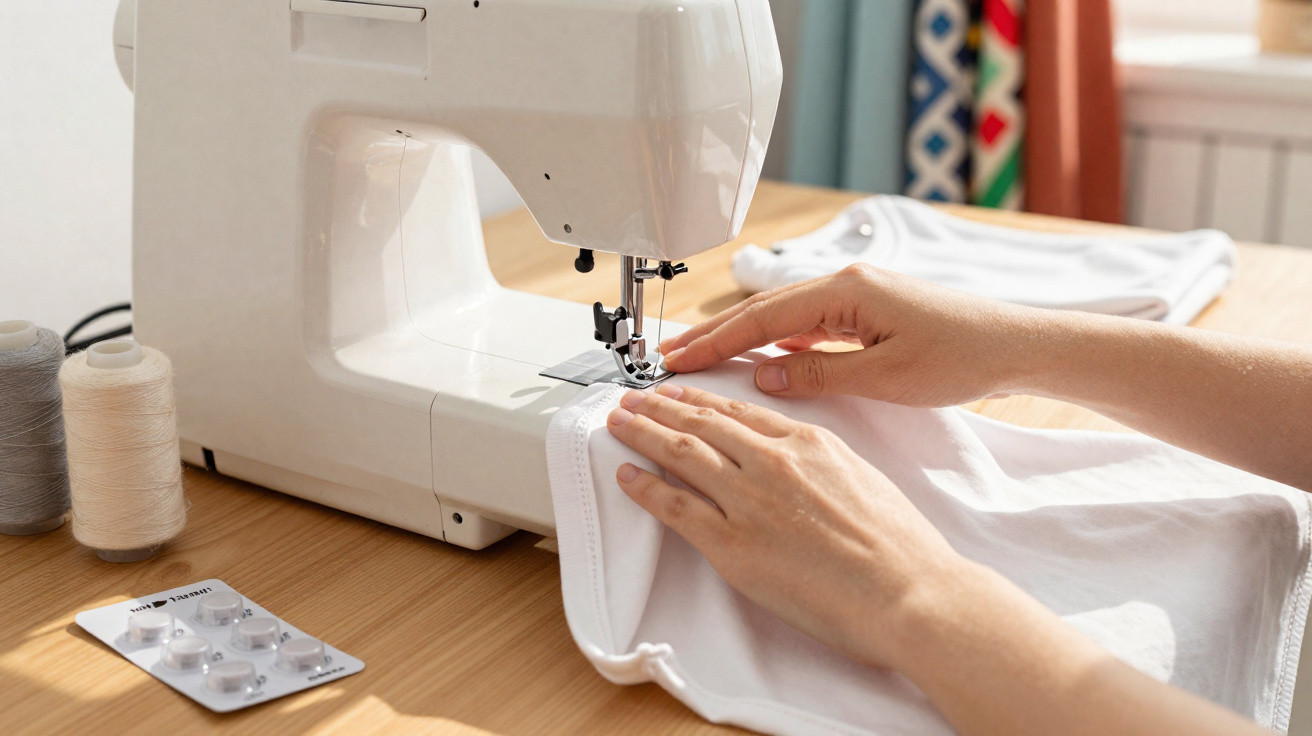 Pessoa a coser uma peça de roupa branca numa máquina de costura numa mesa de madeira.