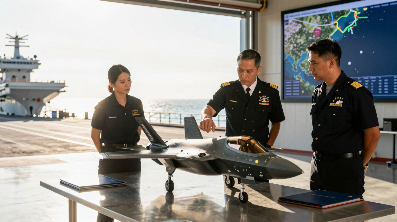 Três militares analisam modelo de avião de combate numa mesa, com porta-aviões e ecrã de operações ao fundo.