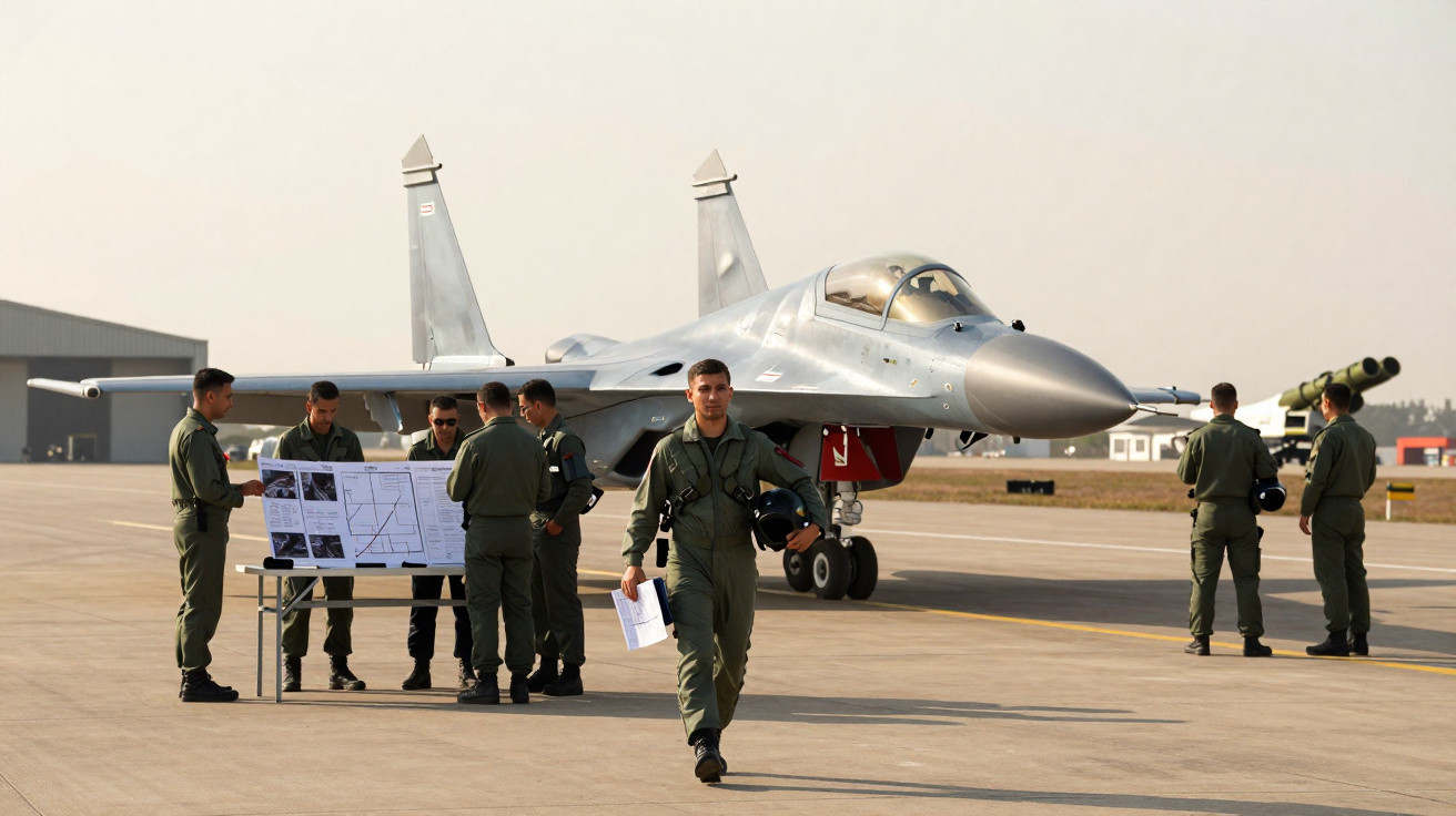 Militares em uniforme verde junto a um caça estacionado numa pista de aeroporto militar, com equipamentos e documentos.