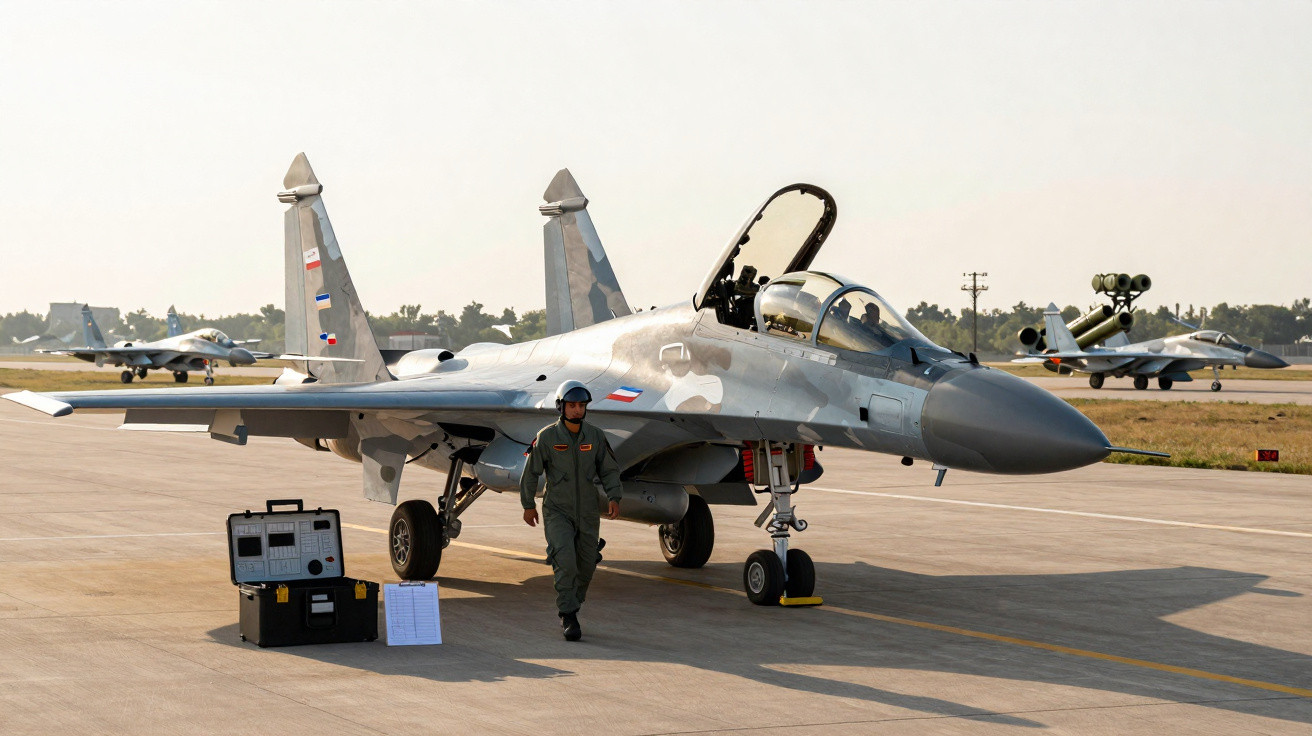 Caça militar Sukhoi Su-35 estacionado com piloto e equipamento no chão em pista de aeroporto.