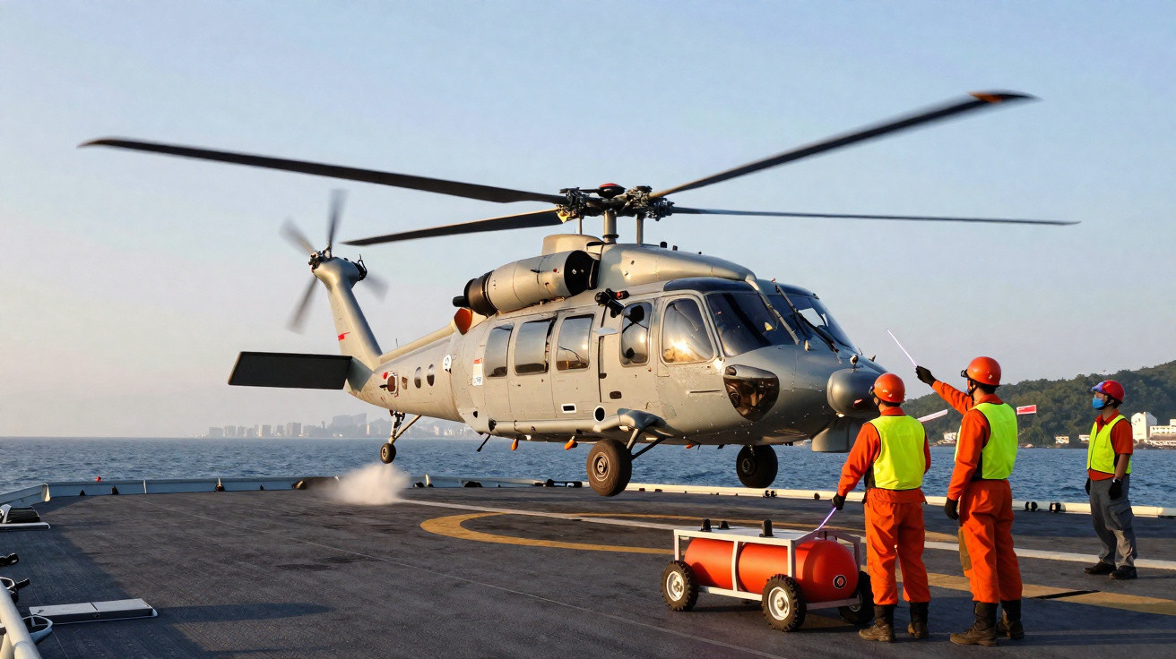 Helicóptero militar cinzento a descolar de um navio com três trabalhadores em coletes e capacetes a orientar.