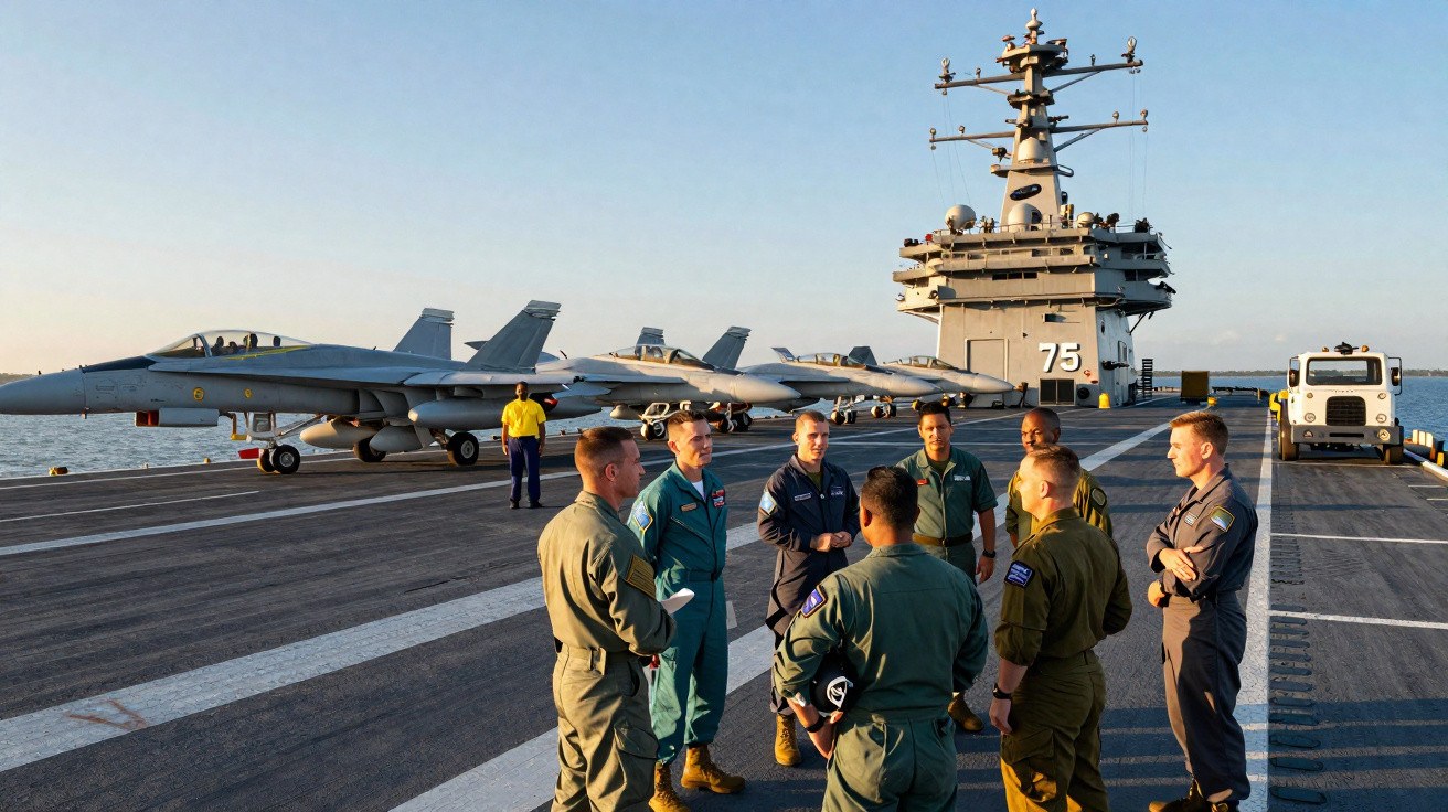 Grupo de militares em convés de porta-aviões com aviões caças estacionados ao fundo ao pôr do sol.