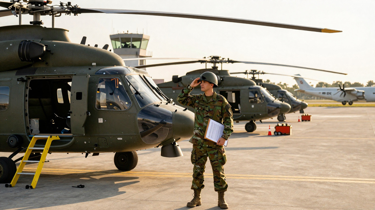 Soldado em uniforme militar a saudar junto de helicópteros militares estacionados num pátio de aeroporto.