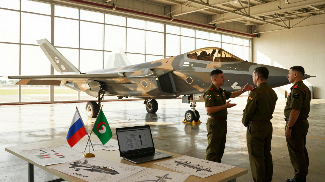 Avião militar camuflado num hangar com três soldados e mesa com bandeiras, desenhos e computador portátil.