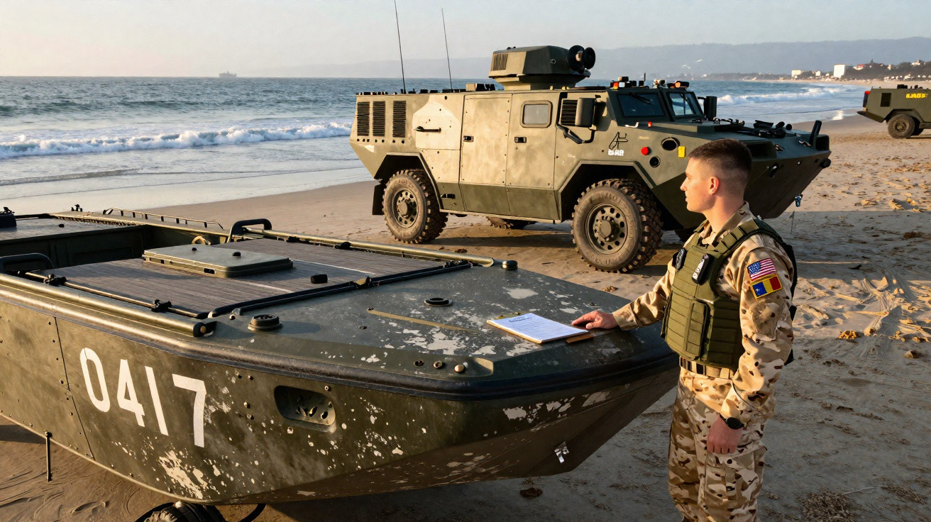 Soldado em uniforme camuflado junto a embarcação militar numerada 0417 e viatura blindada na praia ao pôr do sol.