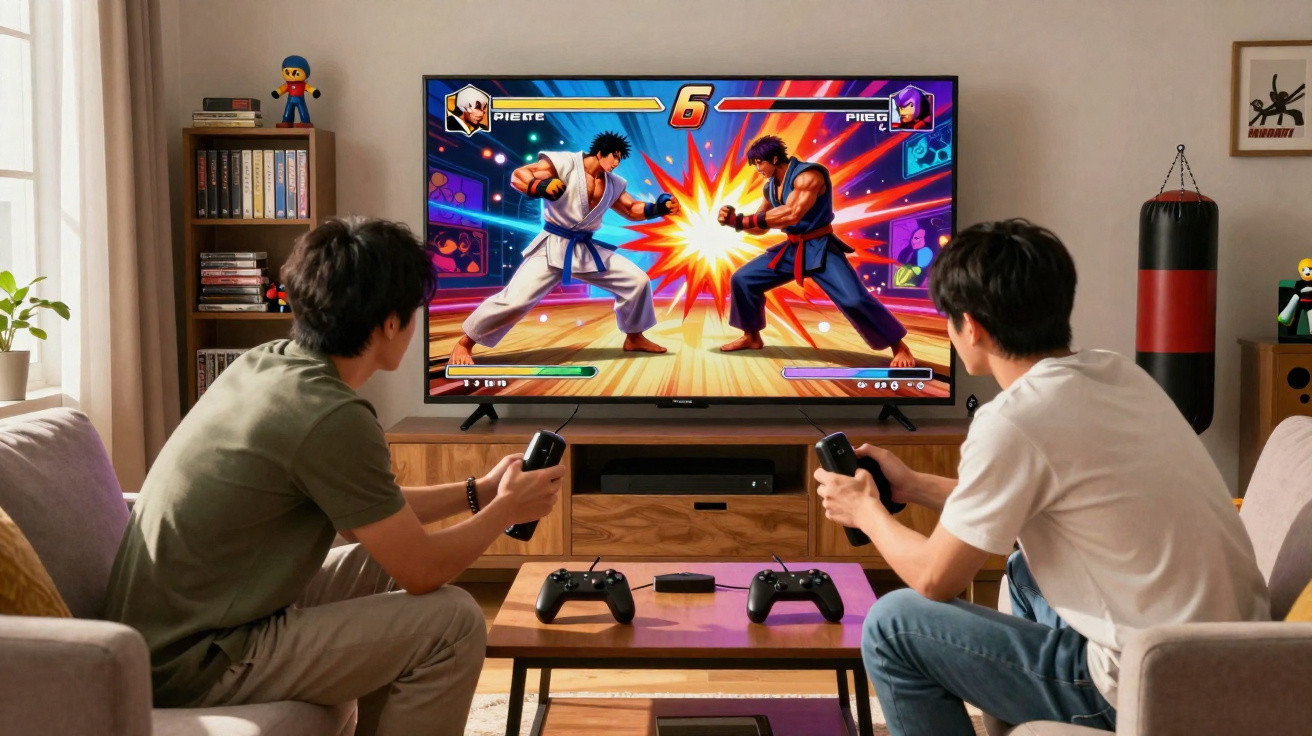 Dois jovens jogam videojogos de luta numa televisão grande numa sala acolhedora.