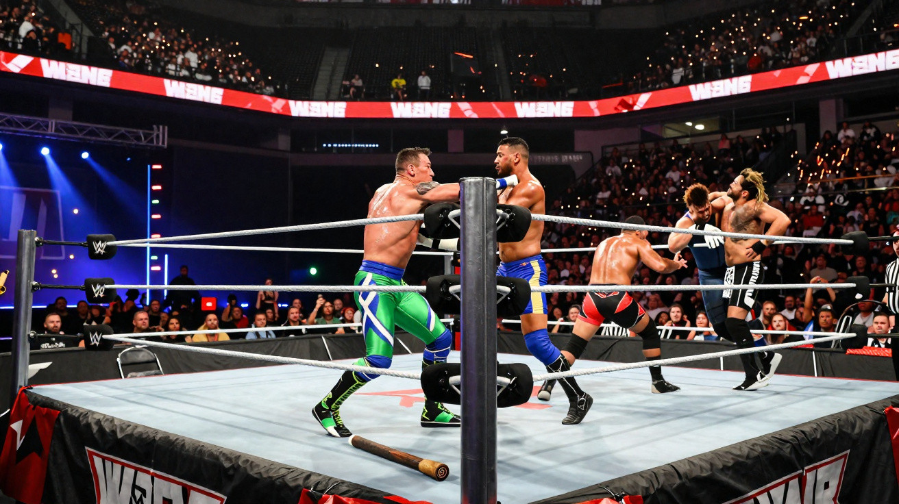 Dois lutadores de wrestling a enfrentarem-se num ringue enquanto outros dois lutadores lutam ao fundo diante de uma multidão.