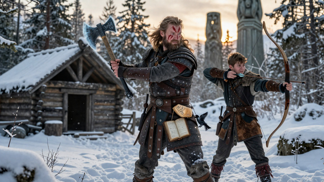 Viking com machado e jovem arqueiro em floresta nevada com cabana de madeira ao fundo.