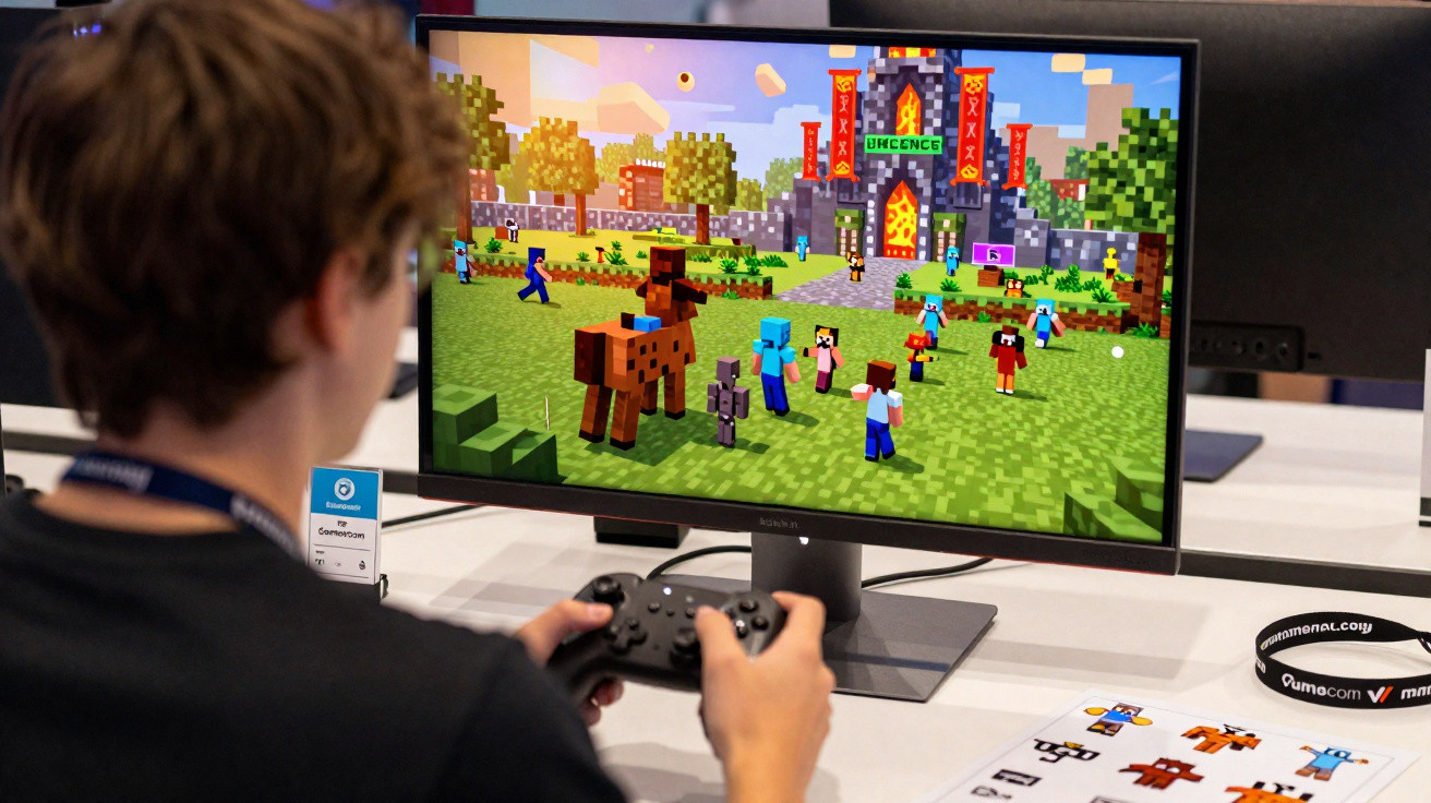 Pessoa a jogar Minecraft num monitor, com personagem a segurar controlo e cenário de castelo pixelado.