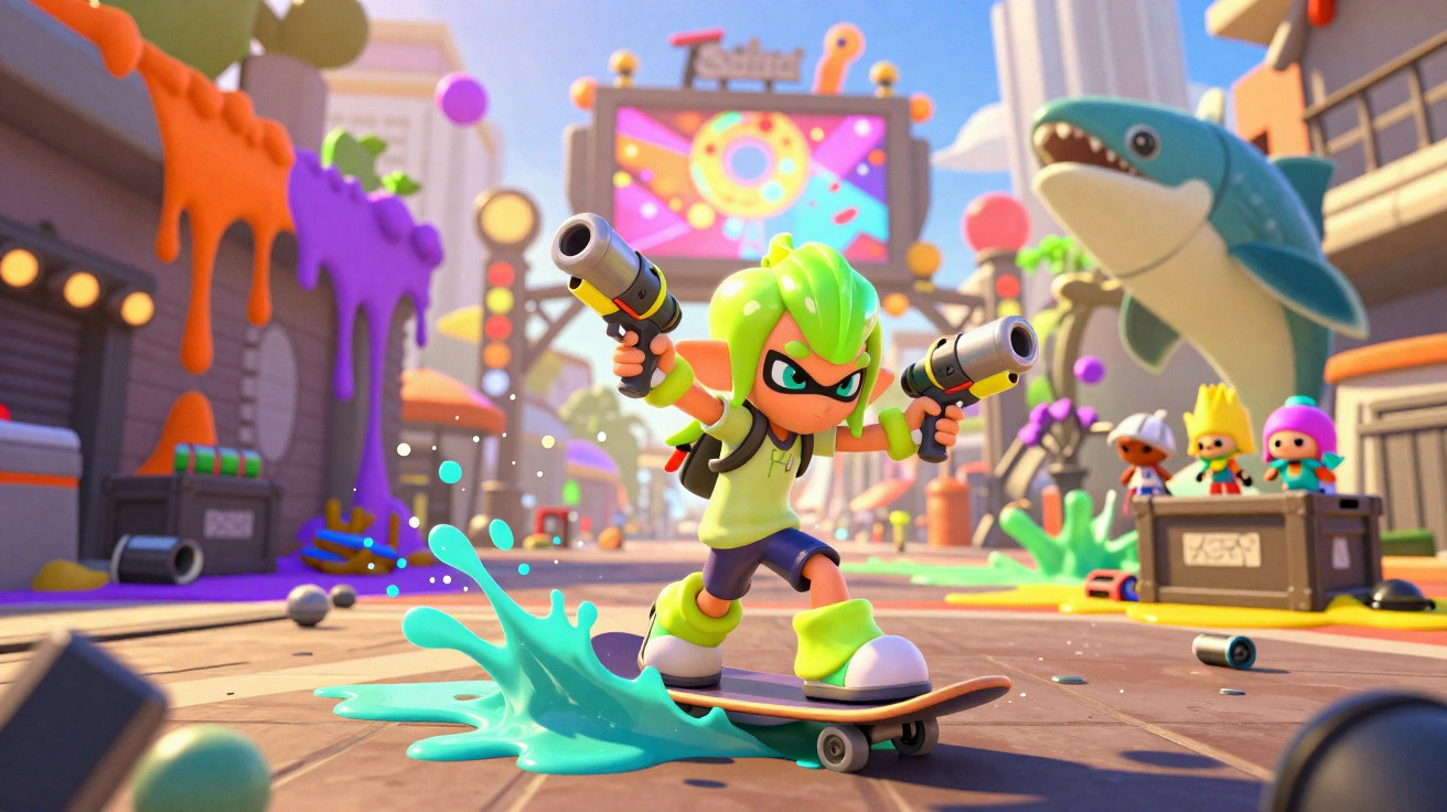 Personagem animado com cabelo verde em patinete, segurando pistolas de água numa rua colorida de cidade.